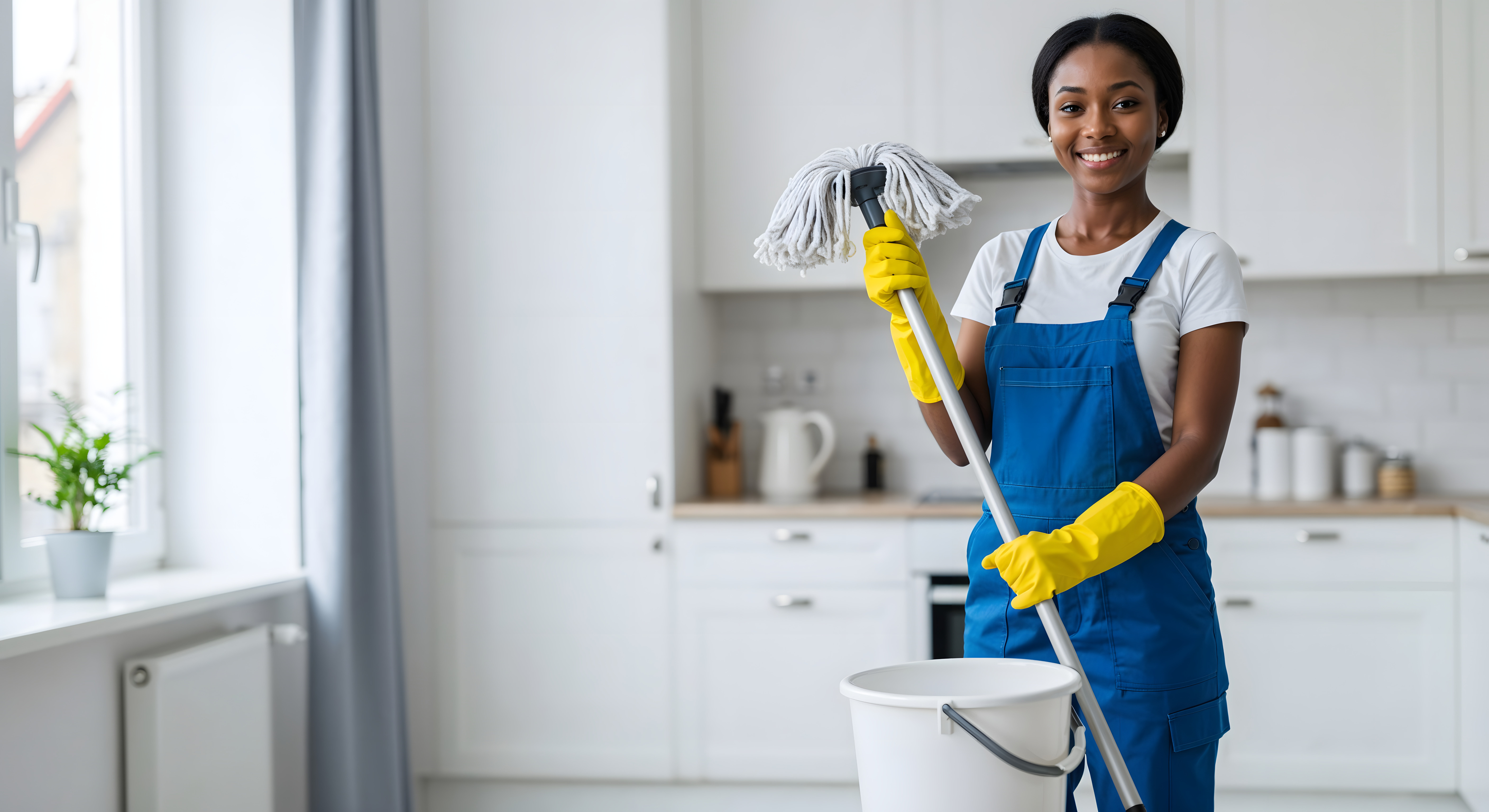 Cleaner with mop in kitchen